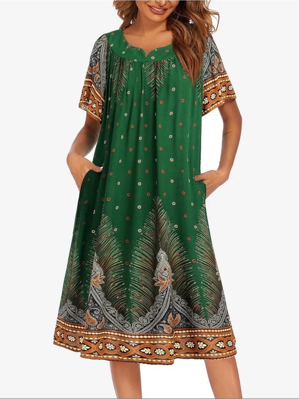 New! Ekouaer Short Sleeve House Dress with Pockets Green Feather XL